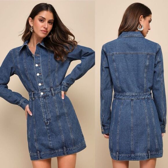 Lulu's Dresses & Skirts - LuLu's Flawless Trend Medium Wash Denim Long Sleeve Mini Dress size XS NEW